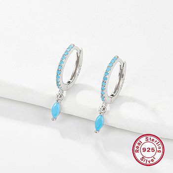 Rhodium Plated 925 Sterling Silver Hoop Earring for Dangle Earrings, with Horse Eye Cubic Zirconia Dangle Charms, Deep Sky Blue, 19x2mm