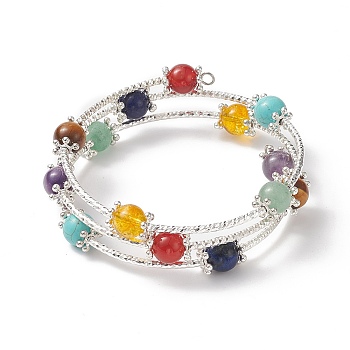 Natural & Synthetic Mixed Gemstone Round Beaded Triple Loop Wrap Bangle for Women, Colorful, Inner Diameter: 2-1/4 inch(5.7cm)