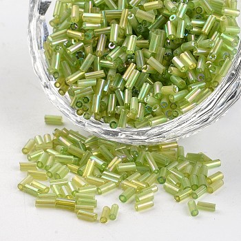 Tube Transparent Colours Rainbow Plated Glass Bugle Beads, Yellow Green, 3~5x1.8~2mm, Hole: 0.8mm, about 1200pcs/50g