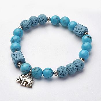Natural Lava Rock Stretch Bracelets, with Natural Howlite and Alloy Elephant Charms, Round & Cube, 2-1/8 inch(55mm)