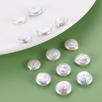 Natural Keshi Pearl Beads, Cultured Freshwater Pearl, No Hole/Undrilled, Flat Round, Seashell Color, 10.5~13x3~5mm