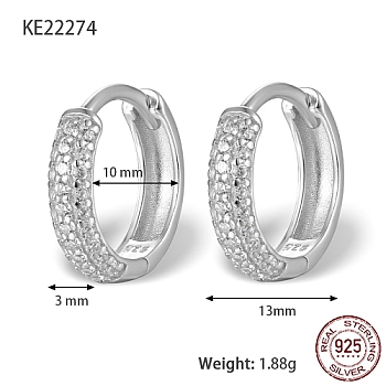 Rhodium Plated 925 Sterling Sliver Micro Pave Cubic Zirconia Hoop Earrings, with 925 Stamp, Platinum, 13x3mm