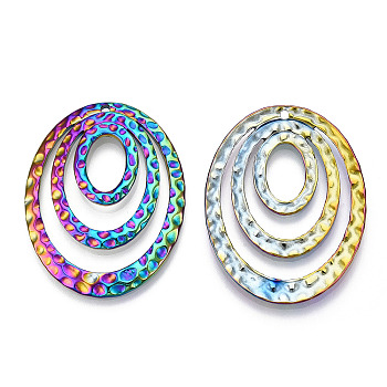 Ion Plating(IP) 304 Stainless Steel Pendants, Textured, Oval Charm, Rainbow Color, 48.5x37.5x3mm, Hole: 1.8mm