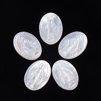 Natural White Shell Cabochons, Religion, Oval with Miraculous Medal, 13.5x10x2.5mm