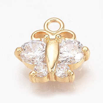 Brass Cubic Zirconia Charms, Butterfly, Nickel Free, Real 18K Gold Plated, 13x13x4mm, Hole: 2mm
