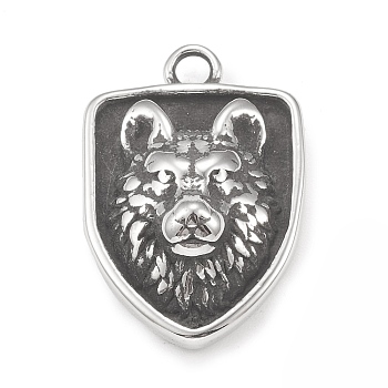 304 Stainless Steel Pendants, Shield with Bear Pattern, Antique Silver, 25.5x17x6mm, Hole: 2.5mm