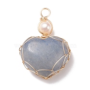 Natural Blue Aventueine & Freshwater Pearl Pendants, with Real 18K Gold Plated Copper Wire Wrapped, Heart, 33~36.5x24.5x8.5~11.5mm, Hole: 4mm(PALLOY-JF01661-07)