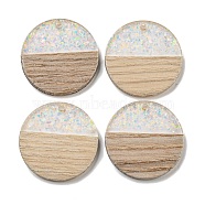 Wooden Pendants, Resin and Gold Foil, Flat Round, Clear AB, 28x4mm, Hole: 2mm(FIND-B042-13B)