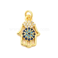 Real 18K Gold Plated Rack Plating Brass Micro Pave Cubic Zirconia Pendants Charms, Long-Lasting Plated, Lead Free & Cadmium Free, Hamsa Hand, 14x10x3mm, Hole: 3mm(KK-S396-01J)