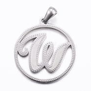 304 Stainless Steel Pendants, Flat Round with Letter, Stainless Steel Color, Letter.W, 28x25x1.2mm, Hole: 6x3.5mm(STAS-K162-076P)