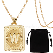 1Pc Brass Pendants, 1Pc Brass Cable Chain Necklaces, 1Pc Rectangle Velvet Pouches, Letter W, 23~445x15.5~70x2mm(NJEW-BBC0001-18W)