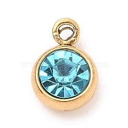 304 Stainless Steel Charms, with Acrylic Rhinestone, Birthstone Charms, Faceted, Flat Round, Golden, Aquamarine, 8.2x6x3.5mm, Hole: 1.2mm(STAS-I165-04C-G-11)