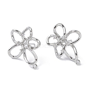 Brass Cubic Zirconia Stud Earrings Findings, with Loop, Flower, Platinum, 26x20x4.5mm, Hole: 1.4mm, Pin: 0.5x12mm(KK-B087-12P)