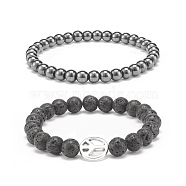 2Pcs 2 Style Natural Lava Rock & Synthetic Hematite Round Beaded Stretch Bracelets Set with Alloy Peace Sign, Essential Oil Gemstone Jewelry for Women, Inner Diameter: 2-1/8~2-1/4 inch(5.4~5.6cm), 1Pc/style(BJEW-JB08311)