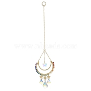 Glass Teardrop Pendant Decorations, Hanging Suncatchers, with Chakra Natural Gemstone & Brass Moon Charm, for Home Decorations, Sun/Star, Moon, 250x57x1~8mm(HJEW-JM01167)