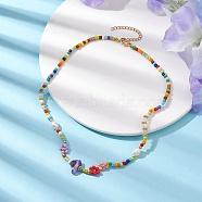 Flower Glass Seed & Pearl Beaded Necklaces, with Amethyst Chip, 14.57 inch(37cm)(NJEW-JN04677-02)