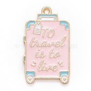 Alloy Enamel Pendants, Suitcase with Word, Light Gold, Pink, 32x18.5x1.5mm, Hole: 1.8mm(X-FIND-B007-03LG)