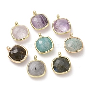 Gemstone Pendants, Faceted Square Charms, with Golden Plated Brass Edge Loops, 16.5x13x6mm, Hole: 2.2mm(G-G012-09E)