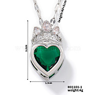 Fashionable Brass Cubic Zirconia Crown Heart-Shaped Pendant Dapped Chain Necklaces for Women, Platinum, Green, 15.75 inch(40cm)(SM2288-1)