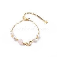 Clear Cubic Zirconia Moon and Star Link Bracelet with Brass Chains, Natural Rose Quartz & Shell Pearl Beaded Bracelet for Women, Golden, 6-3/4 inch(17.3cm)(BJEW-JB08789)