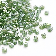 6/0 Glass Seed Beads, Transparent Colours Luster, Square Hole, Cube, Green, 3~5x3~4x3~4mm, Hole: 1.2~1.4mm, about 1000pcs/100g(SEED-YW0001-25B)