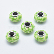 Handmade Polymer Clay European Beads, with Silver Color Plated Brass Cores, Large Hole Beads, Rondelle, Lawn Green, 13~16x8~11mm, Hole: 4.5~5mm(CLAY-K002-C05)