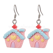 Christmas Resin Dangle Earrings, with 304 Stainless Steel Earring Hooks, House, Pink, Stainless Steel Color, 39x20.5mm(EJEW-JE06087)