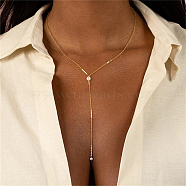 Stainless Steel Cable Chains Lariat Necklace, with Plastic Pearl Beaded, Golden, 16.54 inch(42cm)(PE9205-1)