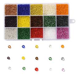 180G 15 Colors Glass Seed Beads, Transparent Colours, Round, Mixed Color, 12/0, 1.5~2.5x1.5~2mm, Hole: 0.5~1mm, 12g/color(SEED-JQ0003-01A-2mm)