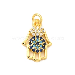 Real 18K Gold Plated Rack Plating Brass Micro Pave Cubic Zirconia Pendants Charms, Long-Lasting Plated, Lead Free & Cadmium Free, Hamsa Hand, 14x10x3mm, Hole: 3mm(KK-S396-01J)