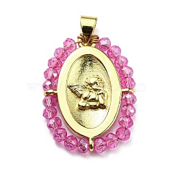 Brass with Glass Pendants, Cadmium Free & Lead Free, Real 18K Gold Plated, Oval with Angel Pattern, Fuchsia, 25~26x19~19.5x3~3.5mm, Hole: 3x3.5mm(KK-G472-02G-01)