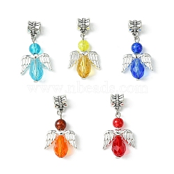 Glass European Dangle Charms, Large Hole Angel Pendants with Silver Color Plated Wings, Mixed Color, 35mm, Angel: 25.5x18.5x8mm, Hole: 5mm(PALLOY-JF02388)