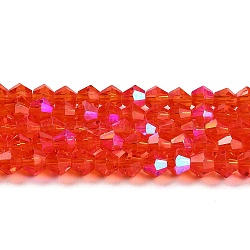 Transparent Electroplate Glass Beads Strands, AB Color Plated, Faceted, Bicone, Red, 6x6mm, Hole: 1mm, about 45~47pcs/strand, 9.65~9.84 inch(24.5~25cm)(EGLA-A039-T6mm-L14)