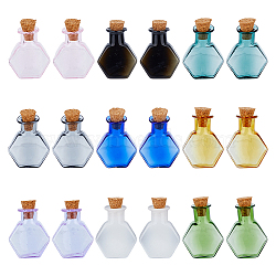 DICOSMETIC 18Pcs 9 Colors Hexagon Dollhouse Miniature Glass Cork Bottles Ornament, Glass Empty Wishing Bottles for Doll House Decoration, Mixed Color, 3cm, Bottle: 25x20.5x8.5mm, 2pcs/color(AJEW-DC0001-11)