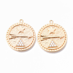 Brass Micro Pave Clear Cubic Zirconia Pendants, Nickel Free, Flat Round with Arrow & Triangle & Star, Real 18K Gold Plated, 27x25x2mm, Hole: 1.6mm(KK-N232-142-NF)