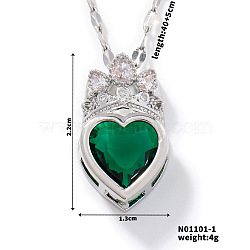 Fashionable Brass Cubic Zirconia Crown Heart-Shaped Pendant Dapped Chain Necklaces for Women, Platinum, Green, 15.75 inch(40cm)(SM2288-1)