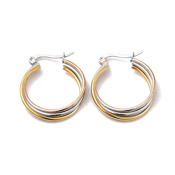 Tricolor 304 Stainless Steel Overlapping Triple Circle Hoop Earrings for Women, Mixed Color, 30x25x4mm, Pin: 0.6x1mm