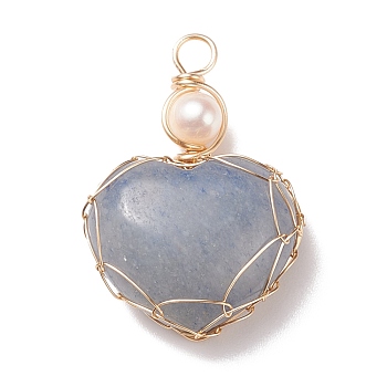 Natural Blue Aventueine & Freshwater Pearl Pendants, with Real 18K Gold Plated Copper Wire Wrapped, Heart, 33~36.5x24.5x8.5~11.5mm, Hole: 4mm