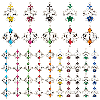 PandaHall Elite 50Pcs 10 Style Alloy Enamel Chandelier Component Links, Cadmium Free & Lead Free, Flower, Antique Silver, Mixed Color, 35x29x3mm & 34x22x3mm, Hole: 1.5mm & 2mm, 5pcs/style