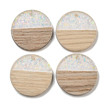 Wooden Pendants, Resin and Gold Foil, Flat Round, Clear AB, 28x4mm, Hole: 2mm