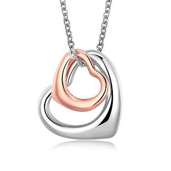 Platinum & Rose Gold Plated Tin Alloy Double Heart Pendant Necklaces, 18 inch