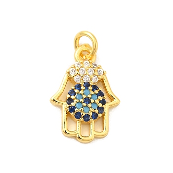 Real 18K Gold Plated Rack Plating Brass Micro Pave Cubic Zirconia Pendants Charms, Long-Lasting Plated, Lead Free & Cadmium Free, Hamsa Hand, 14x10x3mm, Hole: 3mm