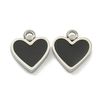 304 Stainless Steel Charms, with Enamel, Heart Charm, Black, 9x8x2mm, Hole: 1.4mm