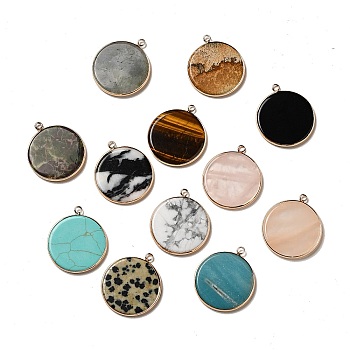 Natural & Synthetic Mixed Gemstone Pendants, Flat Round Charms, with Golden Plated Brass Frame, Mixed Dyed and Undyed, 35x31x3~3.5mm, Hole: 2.5mm