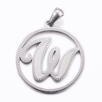 304 Stainless Steel Pendants, Flat Round with Letter, Stainless Steel Color, Letter.W, 28x25x1.2mm, Hole: 6x3.5mm