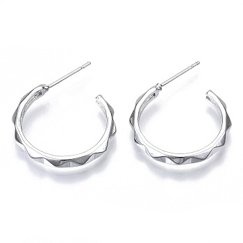Brass Half Hoop Earrings, Stud Earring, with Stainless Steel Pins, Nickel Free, Ring, Real Platinum Plated, 24x21.5mm, Pin: 0.7mm