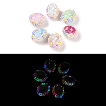 Handmade Luminous Polymer Clay Glass Rhinestone Beads, with Acrylic, Oval with Flower, Mixed Color, 25.5~26x21.5~22x17mm, Hole: 2mm