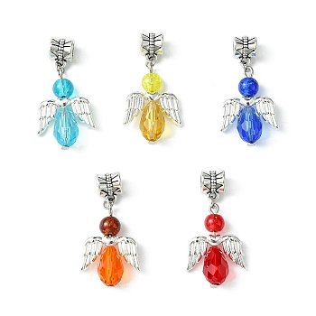 Glass European Dangle Charms, Large Hole Angel Pendants with Silver Color Plated Wings, Mixed Color, 35mm, Angel: 25.5x18.5x8mm, Hole: 5mm