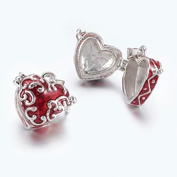 Heart Brass Enamel Prayer Box Pendants, Lead Free and Nickel Free, Dark Red, Platinum, 18.7x21x10mm, Hole: 4mm
