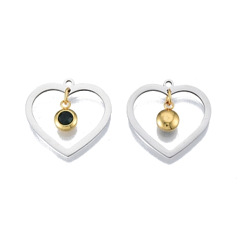 201 Stainless Steel Pendants, with Rhinestone, Heart with Flat Round, Real Gold Plated & Stainless Steel Color, Emerald, 23x24x1mm, Hole: 1.6mm